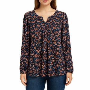 Cupcakes and Cashmere Navy Blue Floral Pintuck V-Neck Blouse Woman's Small